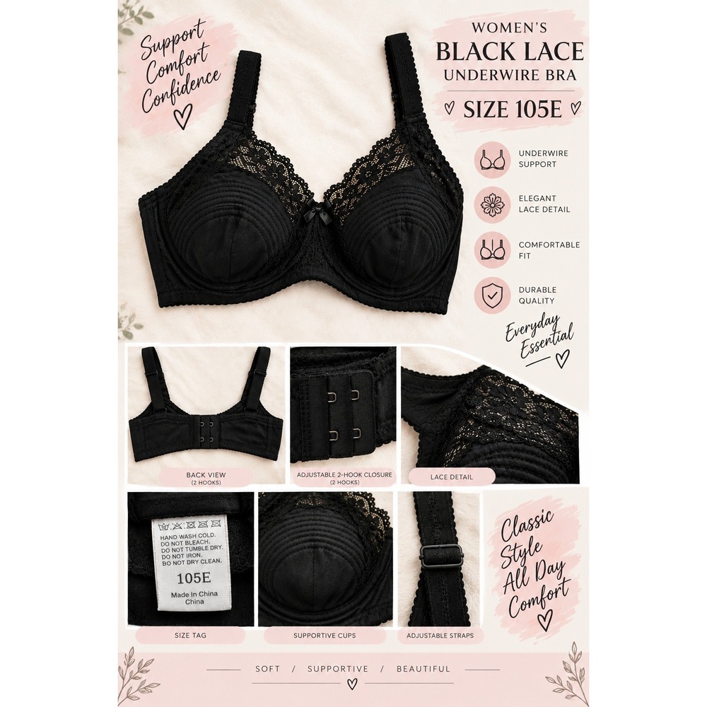 Women's Black Lace Underwire Bra Size 105E US 46DD Full Coverage Plus Size